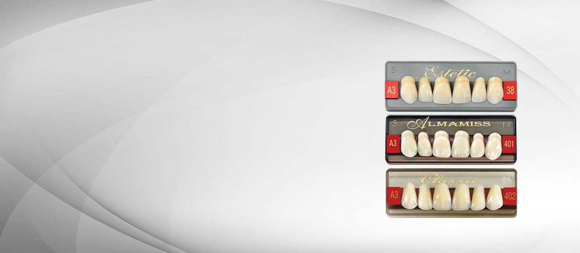 Zęby akrylowe: trójwarstwowe  Estetic, trójwarstwowe Almamiss, dwuwarstwowe Classic 